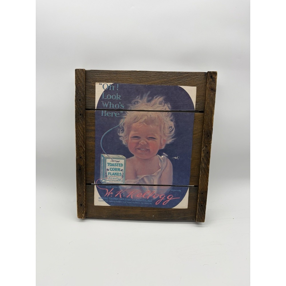 Vtg Kellogg's Corn Flakes Ad Sign on Wood Hanger Baby  Oh, Look Who's Here